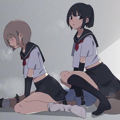 1boy, 2girls, bondage, edakaradekiru, facesitting, femdom, forced, girl on top, school uniform, schoolgirl, skirt, smell, socks, sweat, tied hands