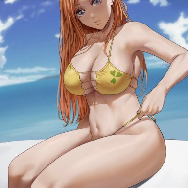 1girls, 2021, artist signature, bikini, bleach, blue sky, breasts, female, female focus, female only, grey eyes, hi res, hips, huge breasts, inoue orihime