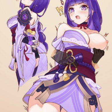 1boy, absurdres, aether (genshin impact), blush, breasts, female, genshin impact, highres, medium breasts, nipples, purple eyes, purple hair, raiden (genshin impact), raiden shogun, ricky (mnfy4277)