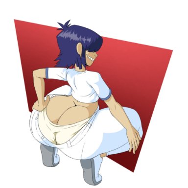 1girls, ass, bangs, blue hair, covered eyes, female, female only, gorillaz, grin, grinning, huge ass, large ass, mrwastemaster, noodle, sneakers