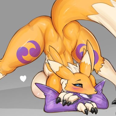 anthro, ass up, bandai namco, big breasts, breasts, digimon, digimon (species), female, fur, grey background, heart, hi res, jack-o' crouch pose, jack-o pose, kyodashiro