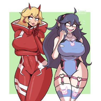 2girls, alternate costume, big breasts, blizzard entertainment, blonde hair, blue bodysuit, blush, bodysuit, cosplay, crossover, d.va, d.va (cosplay), garter straps, headphones, hex maniac