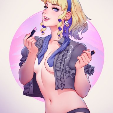 1girls, bangs, black panties, blonde hair, blue hairband, breasts, collarbone, colored inner hair, commentary, constance von nuvelle, cosmetics, cropped jacket, earrings, english commentary, female