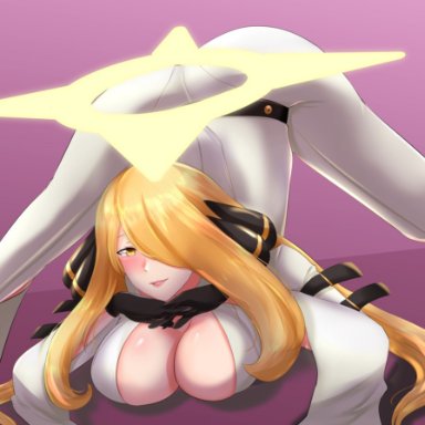 1girls, ass, ass up, blonde hair, breasts, cleavage, cynthia (pokemon), face down ass up, gloves, jack-o pose, jackochallenge, large breasts, long hair, looking at viewer, nintendo