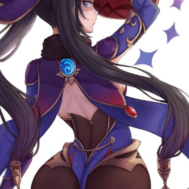 1girl, ass, black hair, blue eyes, bubble butt, cape, clothed, clothing, dat ass, female, genshin impact, hat, lipstick, long hair, looking back