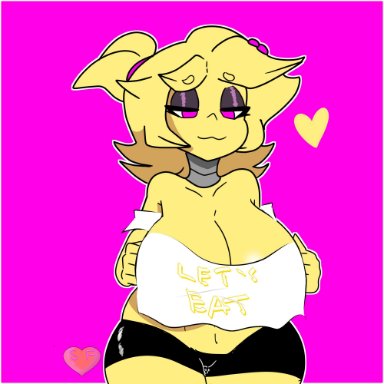 big breasts, chica (fnaf), clothed, five nights at freddy's, five nights in anime, fnia, heart, pink eyes, tagme, yellow hair