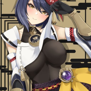 aroused, background, big breasts, blue hair, female, genshin impact, gloves, hair ornament, kujou sara (genshin impact), nipples visible through clothing, short hair, smile, smiling, tengu mask, tian kazuki(artist)