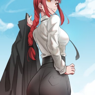 1girls, 2021, absurdres, ass, ass focus, bangs, black neckwear, black pants, braid, braided ponytail, breasts, chainsaw man, collared shirt, eyebrows visible through hair, female