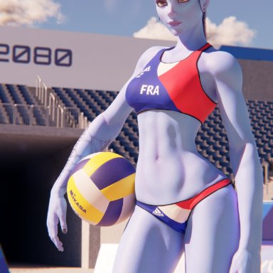 1girls, 3d, abs, adidas, athletic, athletic female, ball, beach, belly, belly button, blizzard entertainment, blue skin, bra, female, female focus