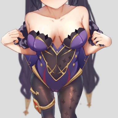 1girl, blue eyes, breasts, clothed, clothing, female, genshin impact, ldd.ek, lipstick, long hair, looking at viewer, mona (genshin impact), purple hair, solo, twintails