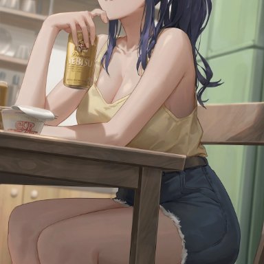 1girls, absurd res, absurdres, alchohol, beer, belt, blush, breasts, brown eyes, can, chair, cleavage, clothed, clothes, clothing