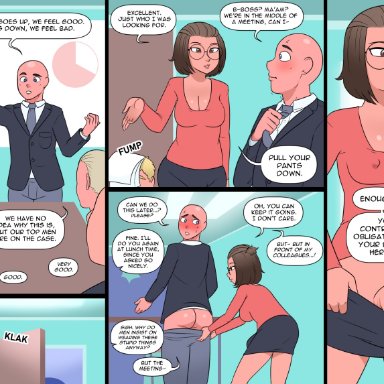 1boy, 1futa, ass, bald, bare legs, big breasts, big penis, breasts, butt, cleavage, clothed, clothing, dialogue, dickgirl, domination