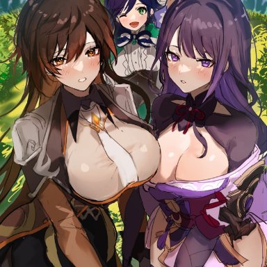 3girls, big breasts, blush, breasts, brown eyes, female, female only, gender transformation, genshin impact, green eyes, huge breasts, large breasts, male to female, nam76num, purple eyes