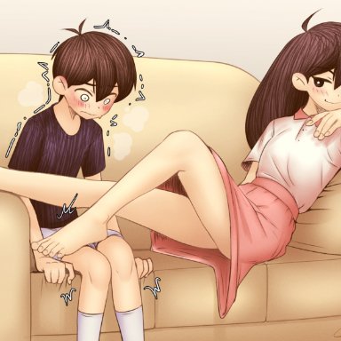 1boy, 1girls, blush, brother and sister, cabronpr, feet, feet on balls, femdom, footjob, incest, mari (omori), omori, siblings, smile, sunny (omori)