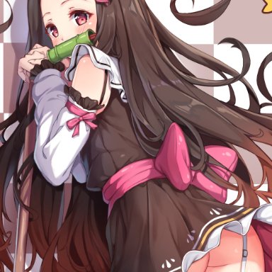 ass, bare shoulders, blush, brown hair, butt crack, demon slayer, female, female only, gag, garter straps, hair ribbon, kamado nezuko, kimetsu no yaiba, lace-trimmed thighhighs, long hair