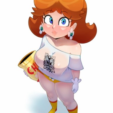 big breasts, chips (food), crown, earrings, mario (series), nintendo, nipples visible through clothing, orange hair, princess daisy, somescrub, tan