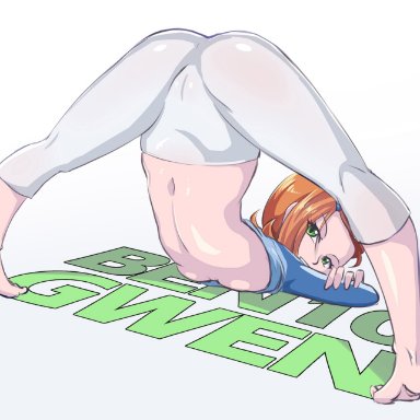 1girls, ass, barefoot, ben 10, blue shirt, breasts, cameltoe, clothing, crossed arms, feet, female, female only, flexible, green eyes, gwen tennyson