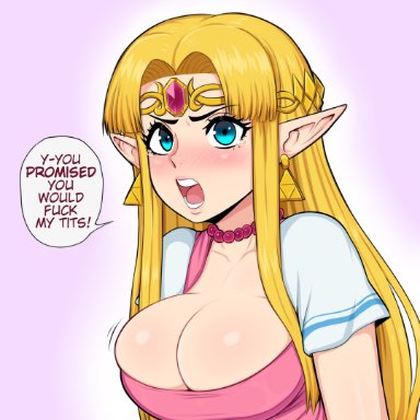 1girls, afrobull, dress, elf, english text, female focus, female only, female solo, pointy ears, princess zelda, solo female, speech bubble, talking to viewer, text, the legend of zelda