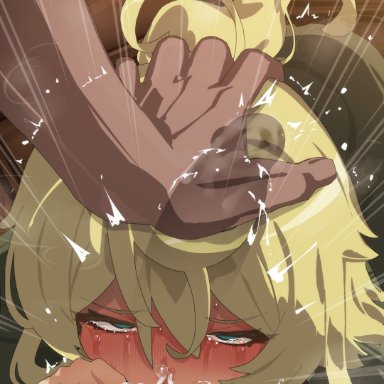 1boy, 1girls, blonde hair, blue eyes, blush, censor bar, censored, clothing, crying, deepthroat, detailed background, dripping semen, fellatio, female, forced oral