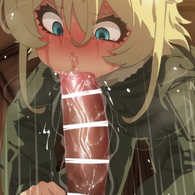 1boy, 1girls, blonde hair, blue eyes, blush, censor bar, censored, clothing, crying, deepthroat, detailed background, fellatio, female, forced oral, hand on another's head