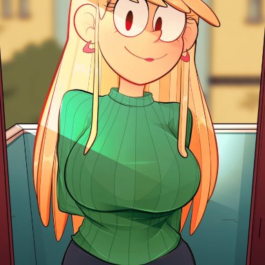 1girls, aged up, alternate breast size, arkeus, big breasts, black bra, blonde hair, blush, bra visible through clothes, green sweater, hands behind back, huge breasts, jeans, leni loud, long hair