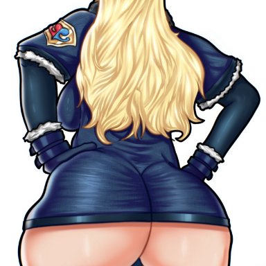 1girls, artist name, ass, ass focus, black gloves, black legwear, black panties, blonde hair, breasts, busty, butt, butt crack, coat, curvy, fur hat