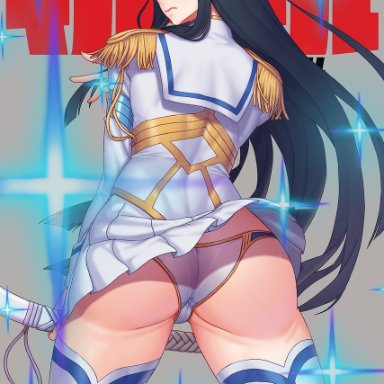 ass, black hair, blue eyes, blush, gonster, kill la kill, kiryuuin satsuki, long hair, looking at viewer, looking back, panties, skirt, skirt lift, standing, tagme