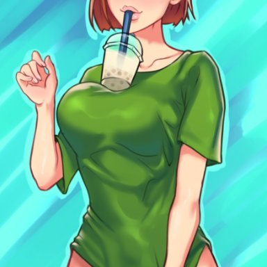 1futa, balls, big breasts, boba tea, bottomless, breasts, brown hair, bubble tea challenge, clothed, clothing, erection, futa only, futanari, human, jujutsu kaisen