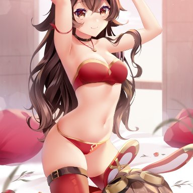 1girls, amber (genshin impact), bow, bra, breasts, brown eyes, brown hair, genshin impact, lingerie, midriff, panties, revealing clothes, rimuu, thick thighs, thighhighs