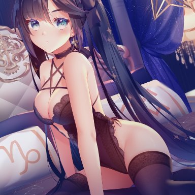 1girls, ass, astrologist, barely clothed, big breasts, black hair, blue eyes, breasts, fishnets, genshin impact, lace, lingerie, mona (genshin impact), revealing clothes, rimuu