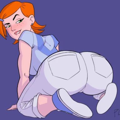 1girls, alternate version available, animated, ass expansion, ass freckles, ben 10, bouncing ass, cameltoe, cleavage, curvy, erect nipples, female, freckles, green eyes, gwen tennyson