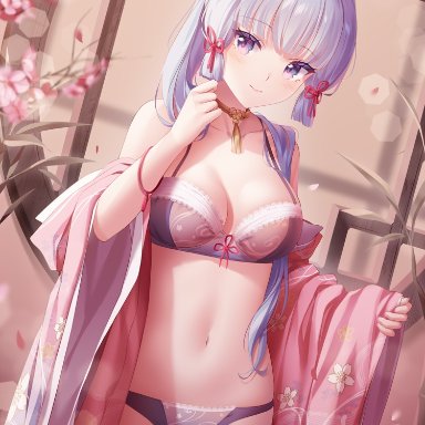 1girls, ayaka (genshin impact), barely clothed, big breasts, blue eyes, blue hair, blush, bra, breasts, genshin impact, japanese clothes, midriff, panties, revealing clothes, rimuu