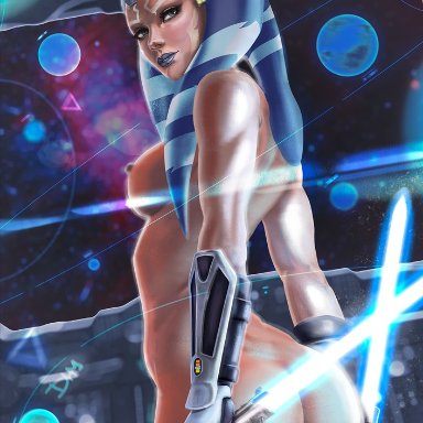 ahsoka tano, ass, blue eyes, bubble butt, dhmoldon, dual wielding, fit female, jedi, looking back, naked, nude, nude female, orange skin, realistic, star wars