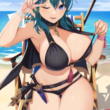 1girls, ;d, adjusting clothes, alternate costume, ass visible through thighs, ball, bangs, bare legs, beach, beach chair, beach umbrella, bikini, bikini lift, black bikini, black capelet