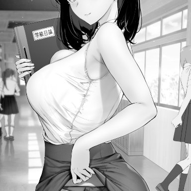 1girls, ass, ass focus, bare shoulders, black hair, black panties, blush, breasts, exhibitionism, female, gentsuki, greyscale, hi res, large breasts, looking at viewer