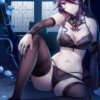 1girls, big breasts, bra, breasts, fishnets, genshin impact, goth, gothic, lingerie, midriff, nun, panties, red eyes, red hair, rimuu