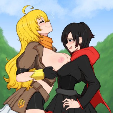 afrobull, breasts, corset, naked, nipples, no bra, open shirt, ruby rose, rwby, yang xiao long