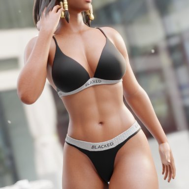 3d, abs, bikini, black bikini, black bra, black eyes, black hair, black swimsuit, black underwear, blacked, blacked clothing, blender, bob cut, bra, clothing