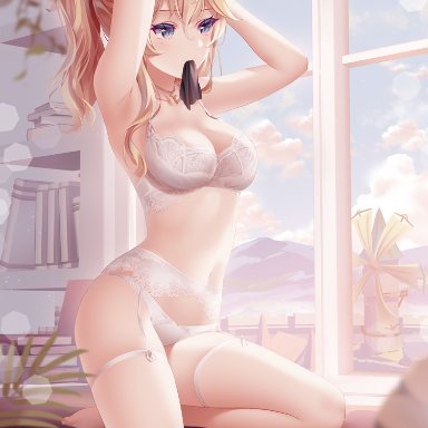1girls, barely clothed, big breasts, blonde hair, blue eyes, bra, breasts, genshin impact, jean gunnhildr, lace, lingerie, midriff, panties, ponytail, revealing clothes