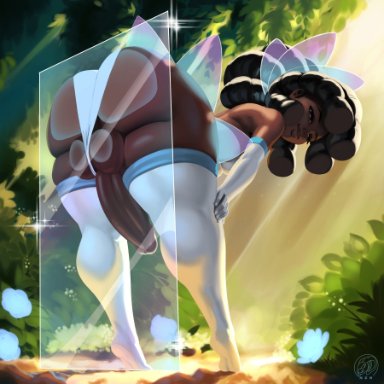 1futa, against glass, against wall, ass, back, back view, balls, bent over, big balls, big penis, bottomless, breasts, clothed, clothing, dark-skinned futanari