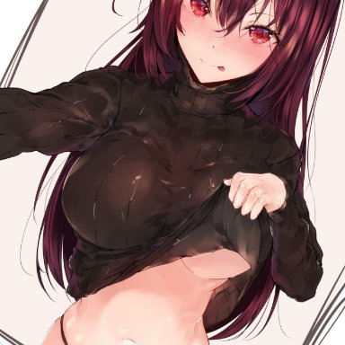 :p, archway of venus, bangs, black sweater, blush, breasts, closed mouth, clothes pull, cowboy shot, dutch angle, eyebrows visible through hair, fate/grand order, fate (series), female, gluteal fold