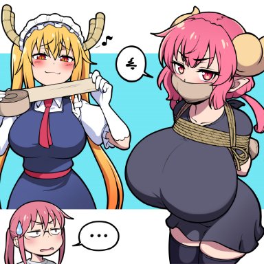 ..., 3girls, :3, arms behind back, big breasts, black shirt, blonde hair, blush, bondage, dragon, dragon girl, dress, dress shirt, female, female only