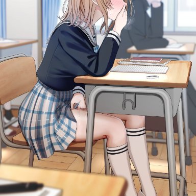 1girls, blush, chair, classroom, female, female focus, heavy breathing, horny, masturbation, original, pen, public, pussy juice, school, school desk