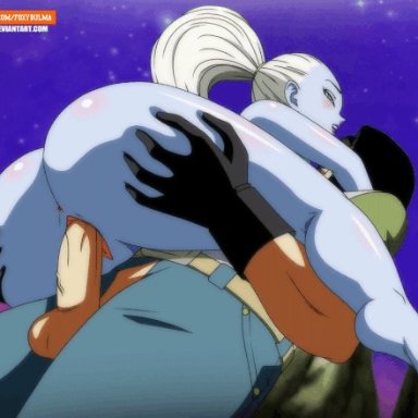 android 17, angel, anus, ass, big ass, big penis, black hair, blue skin, blush, clothed male, clothing, dragon ball, dragon ball super, dragon ball z, foxybulma