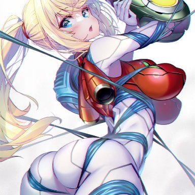 2021, arm cannon, arms up, blonde hair, blue eyes, blush, bodysuit, bondage, entangled, hong, jetpack, looking back, low-angle view, metroid, metroid dread