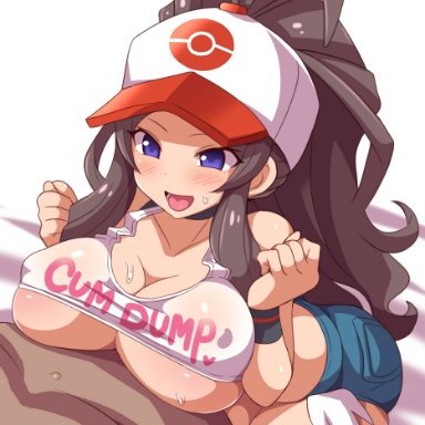 1boy, 1girls, :d, alternate breast size, antenna hair, bare shoulders, baseball cap, black choker, blue shorts, blush, breast press, breasts, brown hair, choker, cleavage