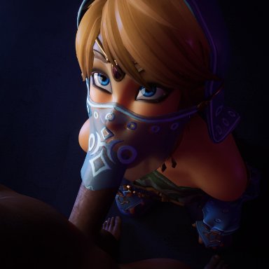 3d, blonde hair, blowjob, blue eyes, captain nsfw, crossdressing, fellatio, femboy, gay, gerudo link, gerudo veil, girly, link, looking up, male