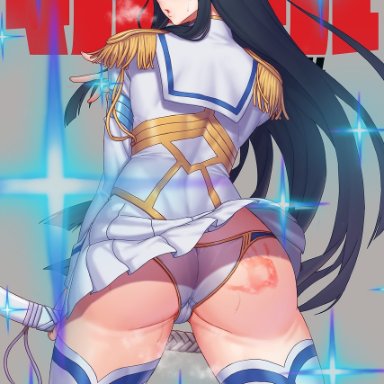 ass, black hair, blue eyes, blush, gonster, heavy breathing, kill la kill, kiryuuin satsuki, long hair, looking at viewer, looking back, panties, skirt, skirt lift, spank marks