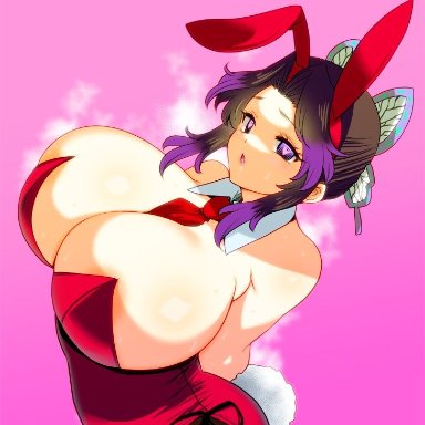 arms behind back, big breasts, black hair, bunny ears, bunny tail, bunnysuit, butterfly hair ornament, cleavage, demon slayer, enormous breasts, female, female only, heart-shaped pupils, huge breasts, kimetsu no yaiba