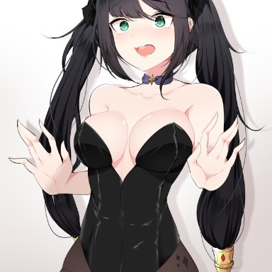 1girl, alternate costume, aqua eyes, black hair, breasts, bunny ears, bunnysuit, female, genshin impact, long hair, mona (genshin impact), open mouth, samip, solo, twintails